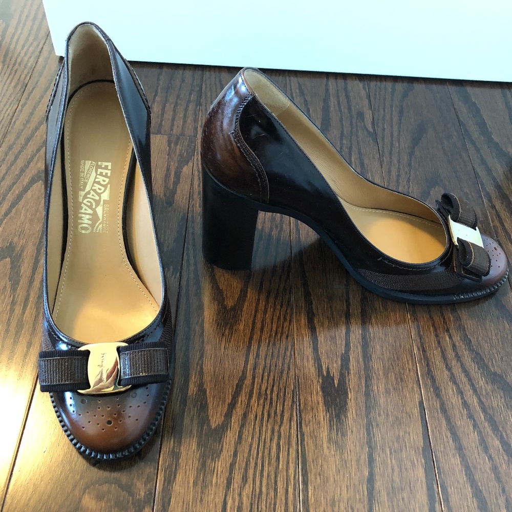 Salvatore Ferragamo brogue style brown pumps